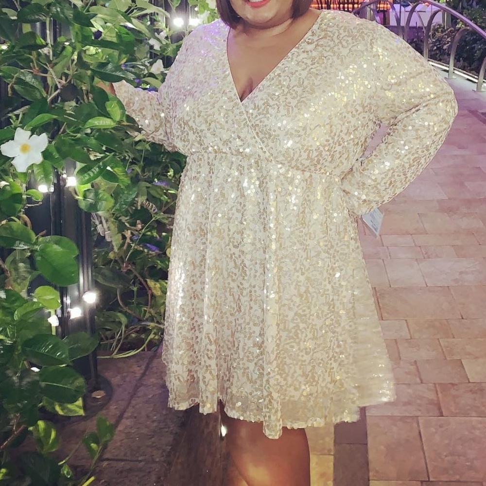 Gold sequined, fully lined v neck dress